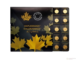 Золотая монета Канады "Кленовый лист", Canadian Gold Maple Leaf 50 центов, 25шт по 1 грамм